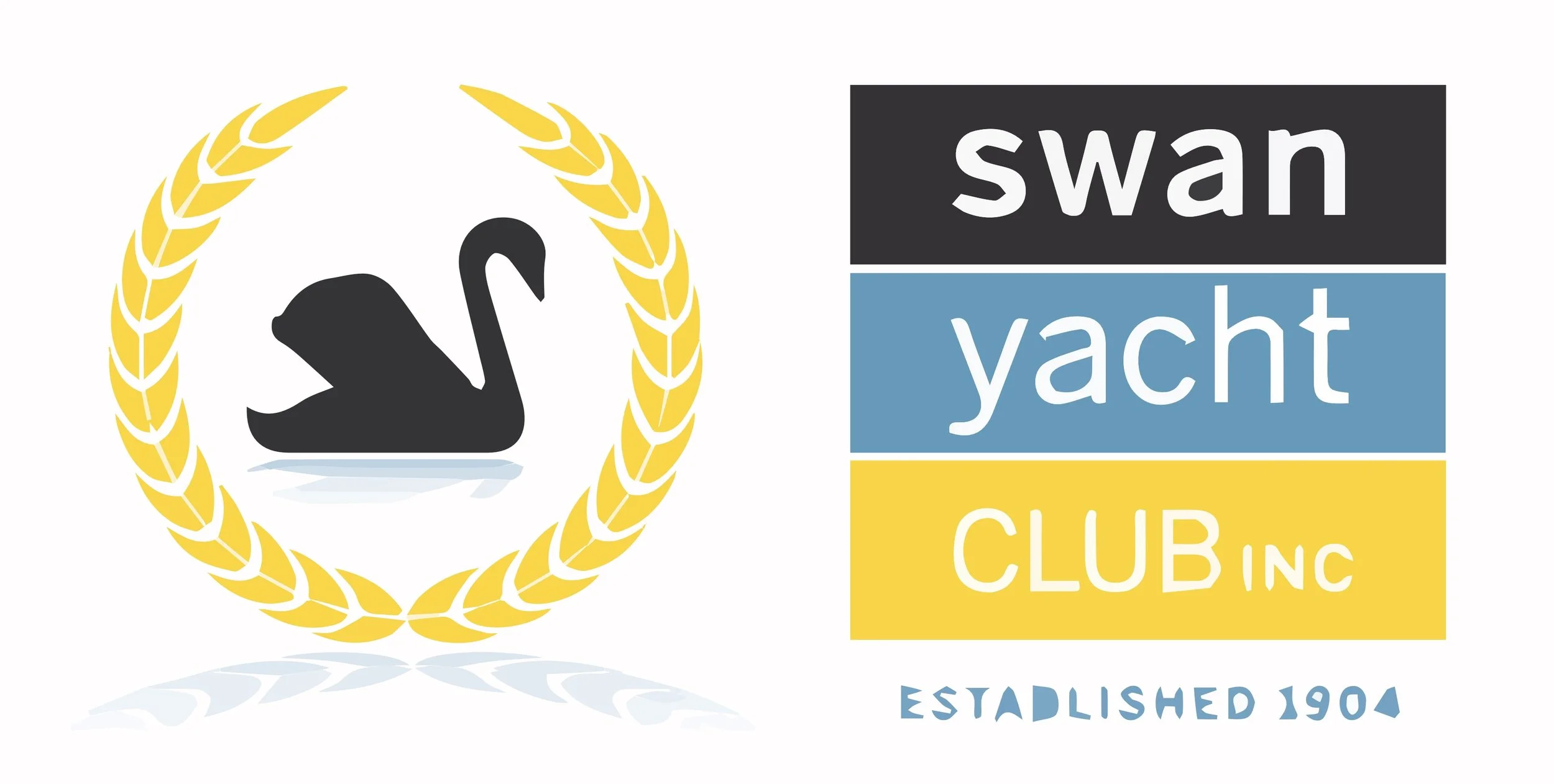 Logo of the Swan Yacht Club with a black swan inside a yellow laurel wreath and colorful text blocks reading 'swan,' 'yacht,' 'club inc,' and the words 'established 1904' at the bottom.