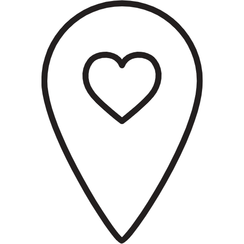 Outline of a location pin with a heart inside.