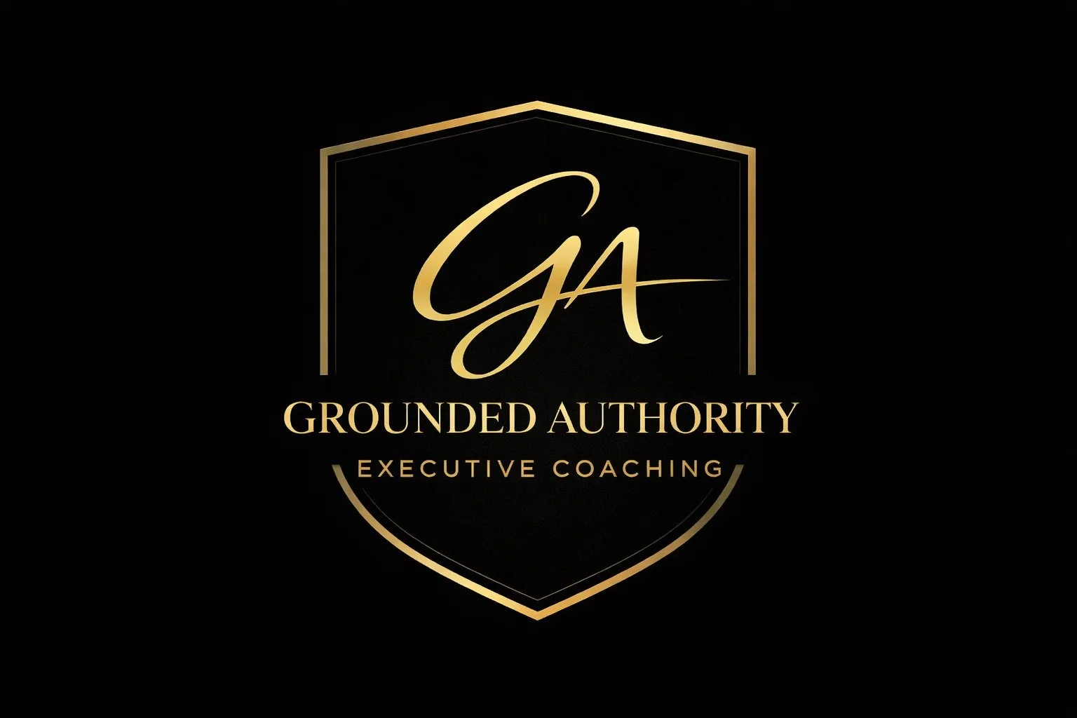 Black background with a gold shield emblem. Inside the emblem, the initials "GAA" are written in gold cursive. Below, in gold capital letters, it says "GROUNDED AUTHORITY" with a smaller line underneath that reads "EXECUTIVE COACHING."