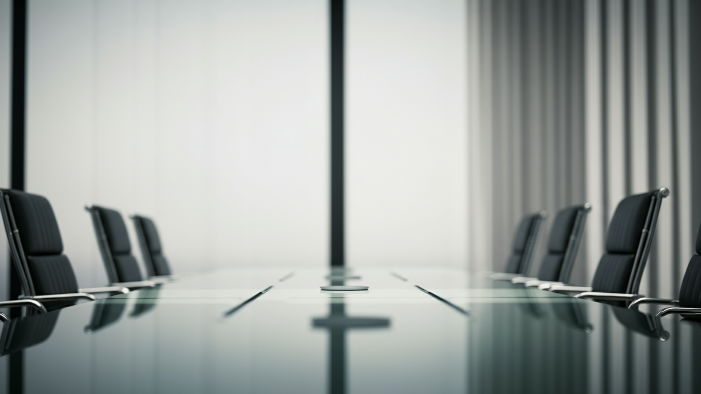 Empty modern conference room with a long glass table and black office chairs.