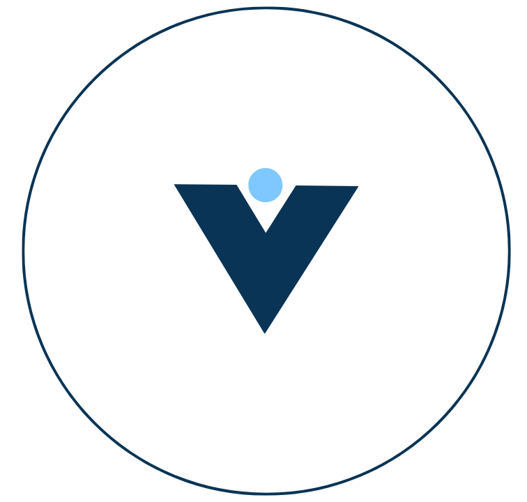 Logo with a dark blue check mark and a small light blue circle above it, within a black circular background.