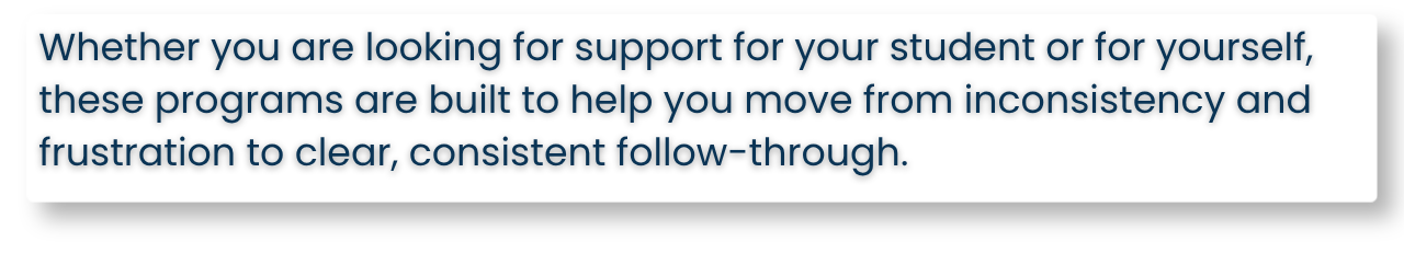 Text about support programs for students or individuals, emphasizing helping to move from frustration to clarity with consistent follow-through.