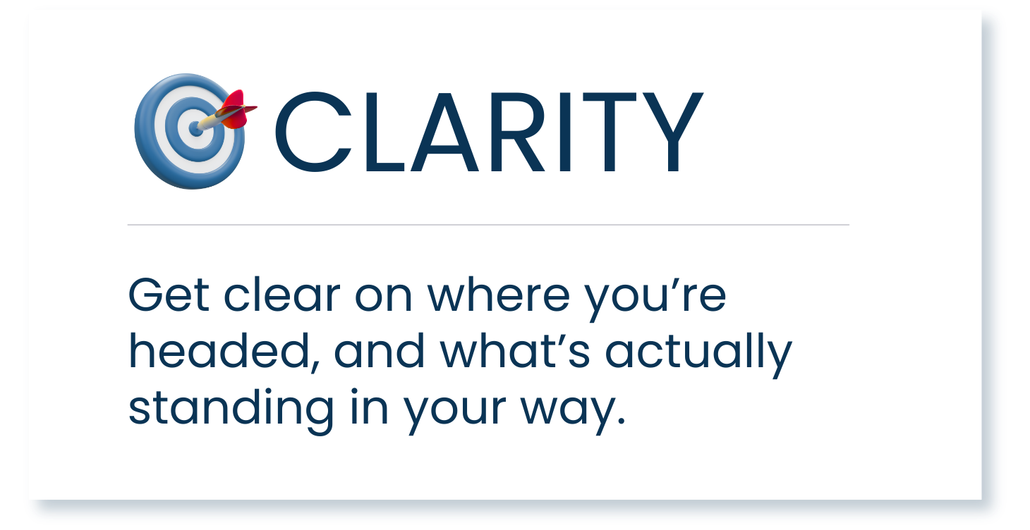 A graphic with a target and dartboard icon, the word 'CLARITY', and a message about gaining clarity in direction and removing obstacles.