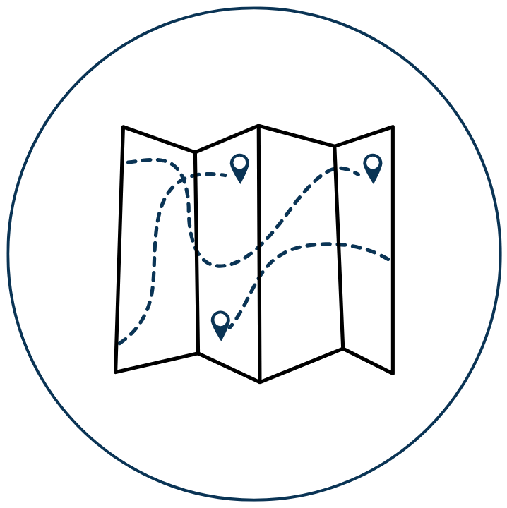 A circular map with three waypoints connected by dashed lines, indicating a route or path across the map.