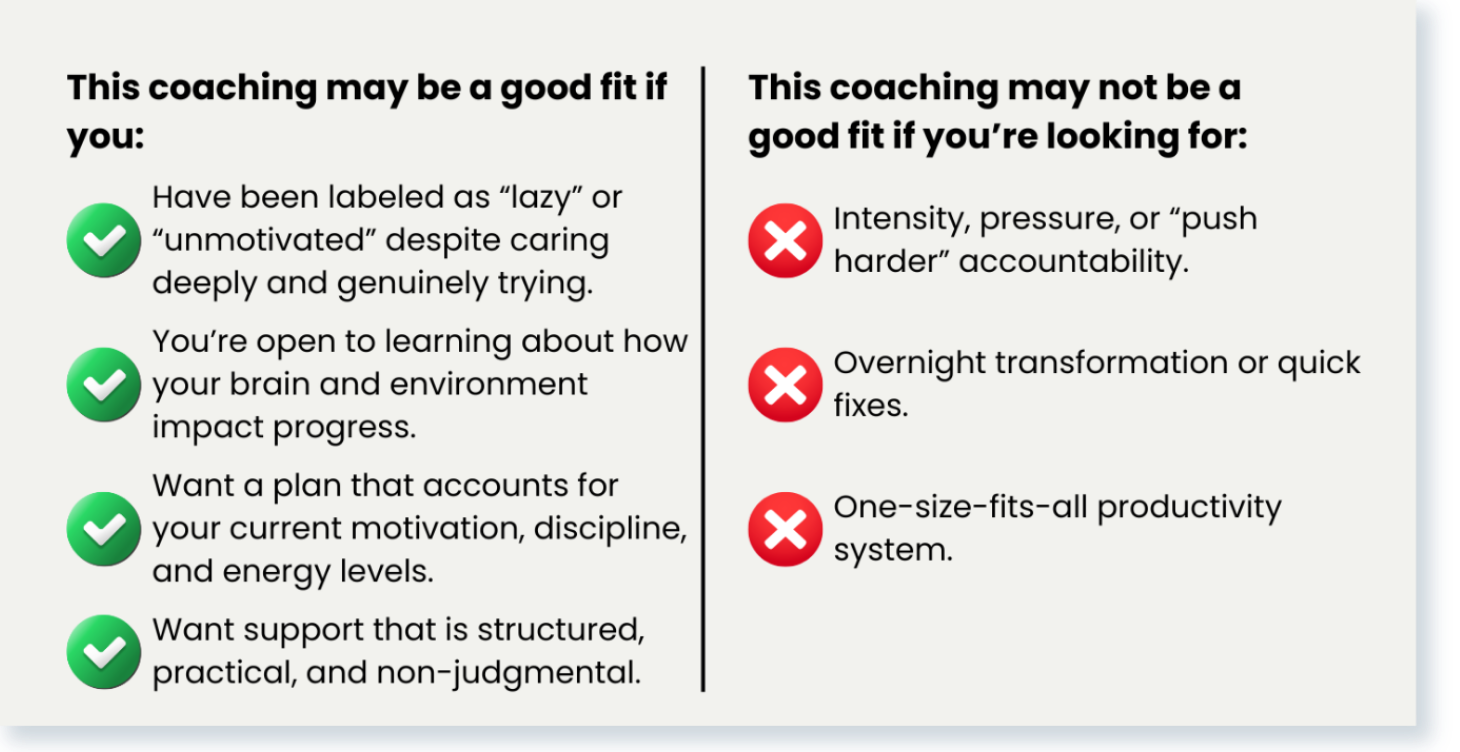 A comparison chart showing attributes of coaching that may be a good fit versus qualities that indicate it may not be suitable. The left side lists positive signs with green check marks, including being motivated, open to learning, having a personalized plan, and seeking practical support. The right side lists red flags with dismissive checks, such as high pressure, quick fixes, and one-size-fits-all systems.