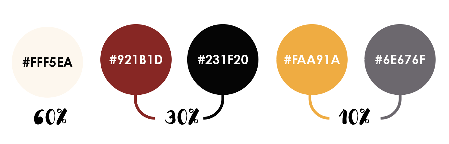 The color palette with hex codes consisting of cream, burgundy, black, gold, and gray