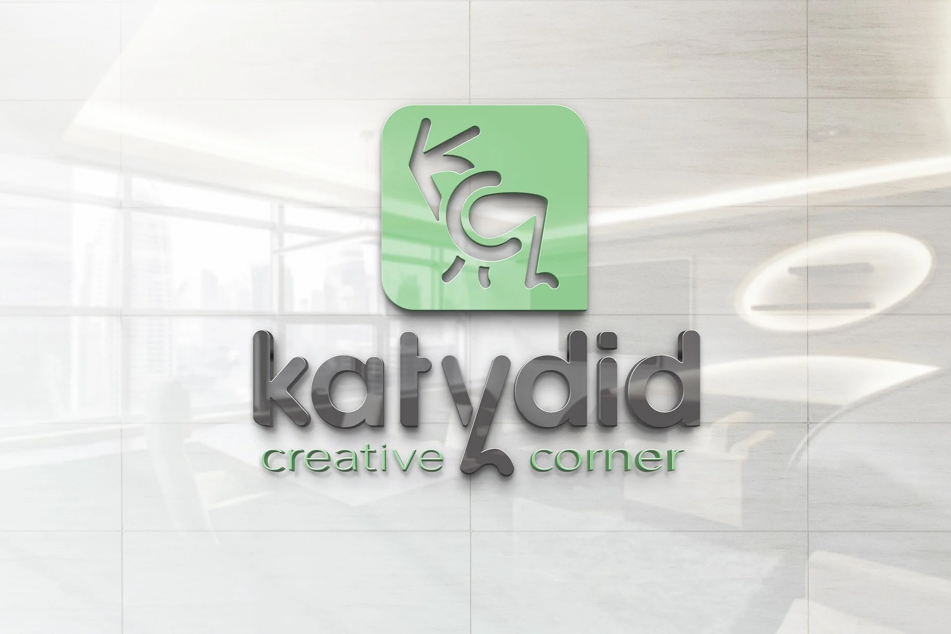 A shiny sign made of the logo on a glossy wall background