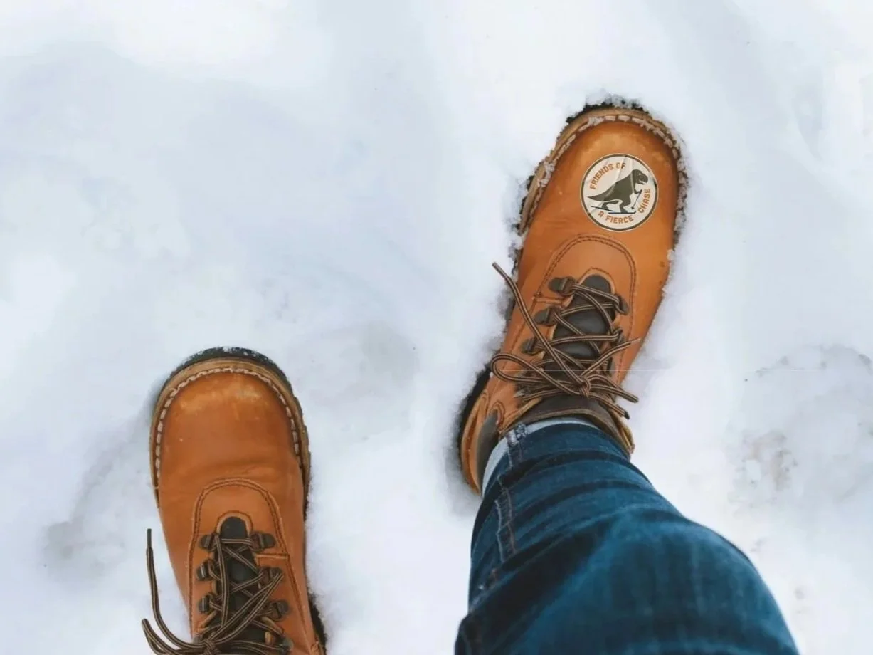 The logo on a sticker, stuck on a boot in the snow