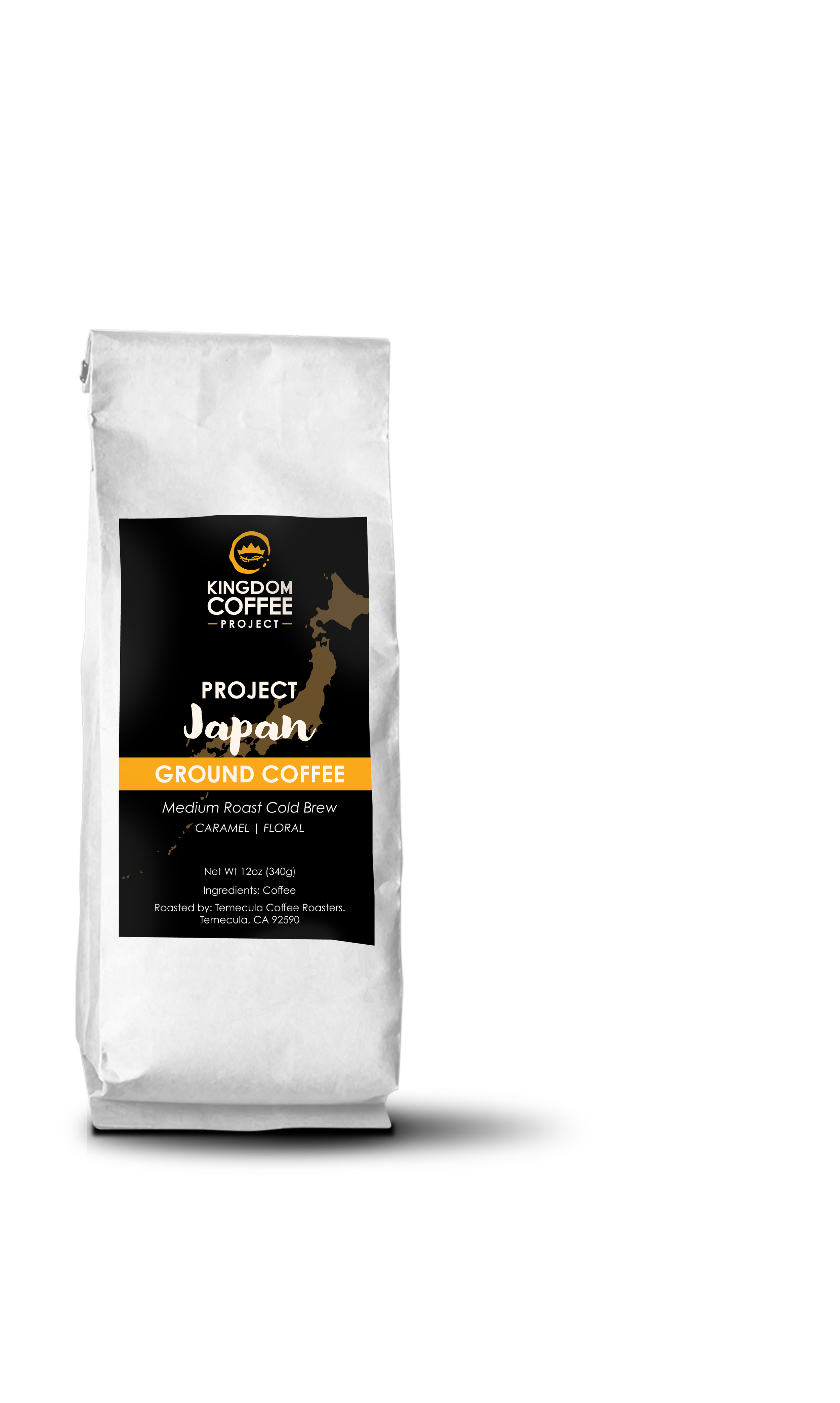 A white coffee bag with a label featuring Japan