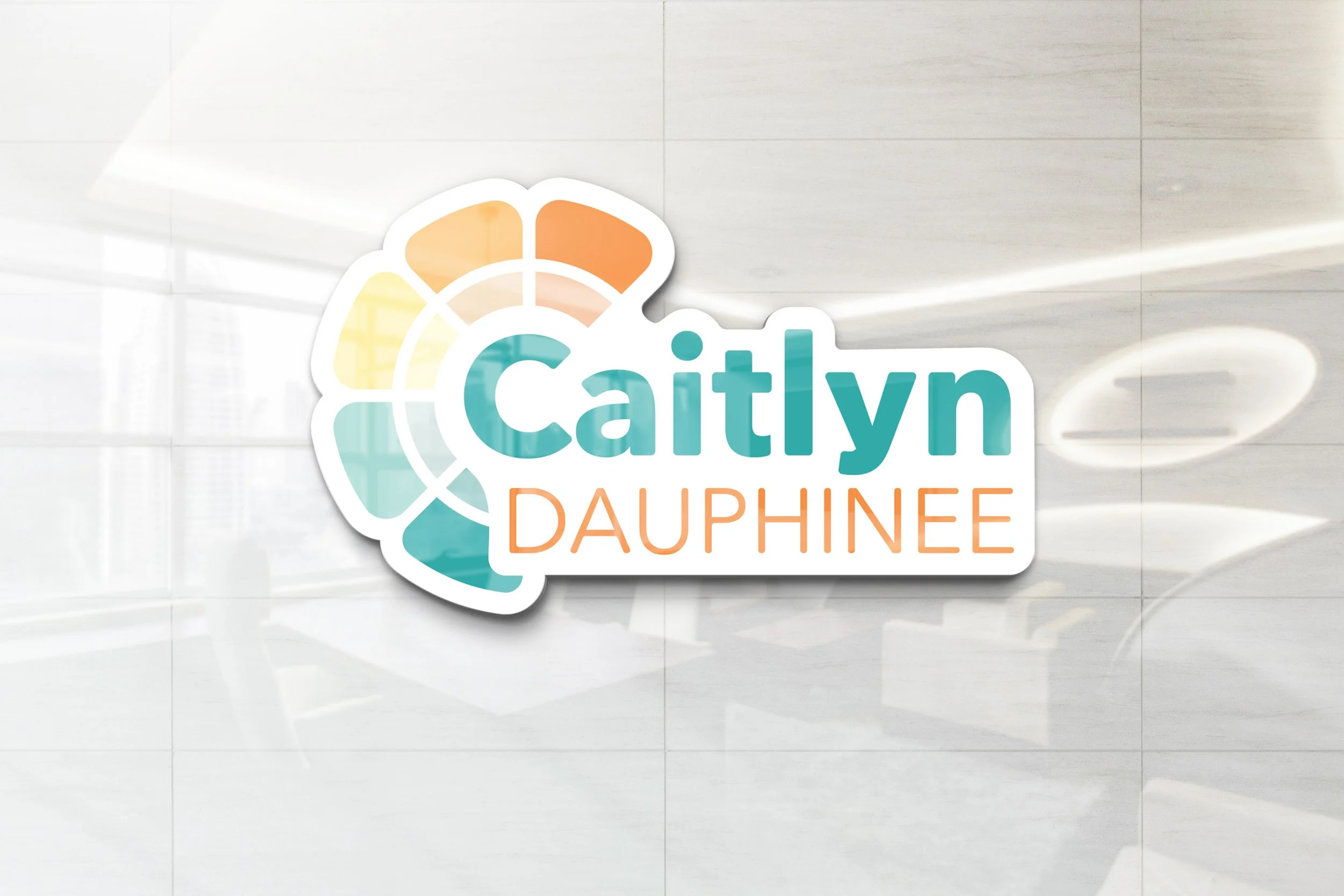 A shiny sign made of the logo on a glossy wall background