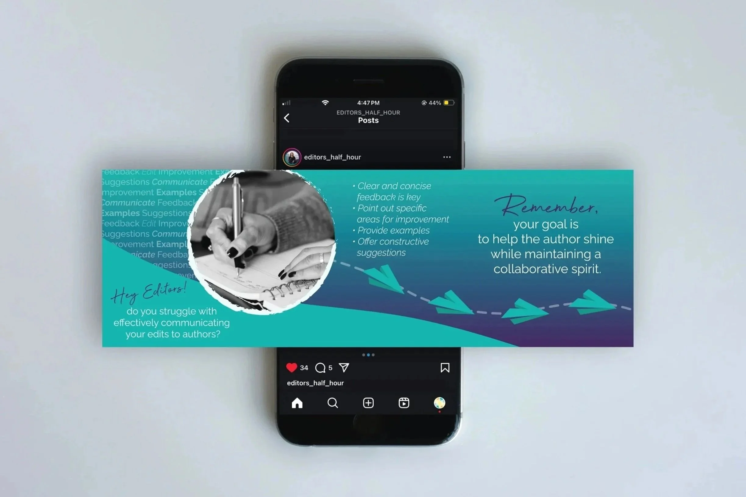 A carousel post extending past the edges of a phone open to the Instagram app