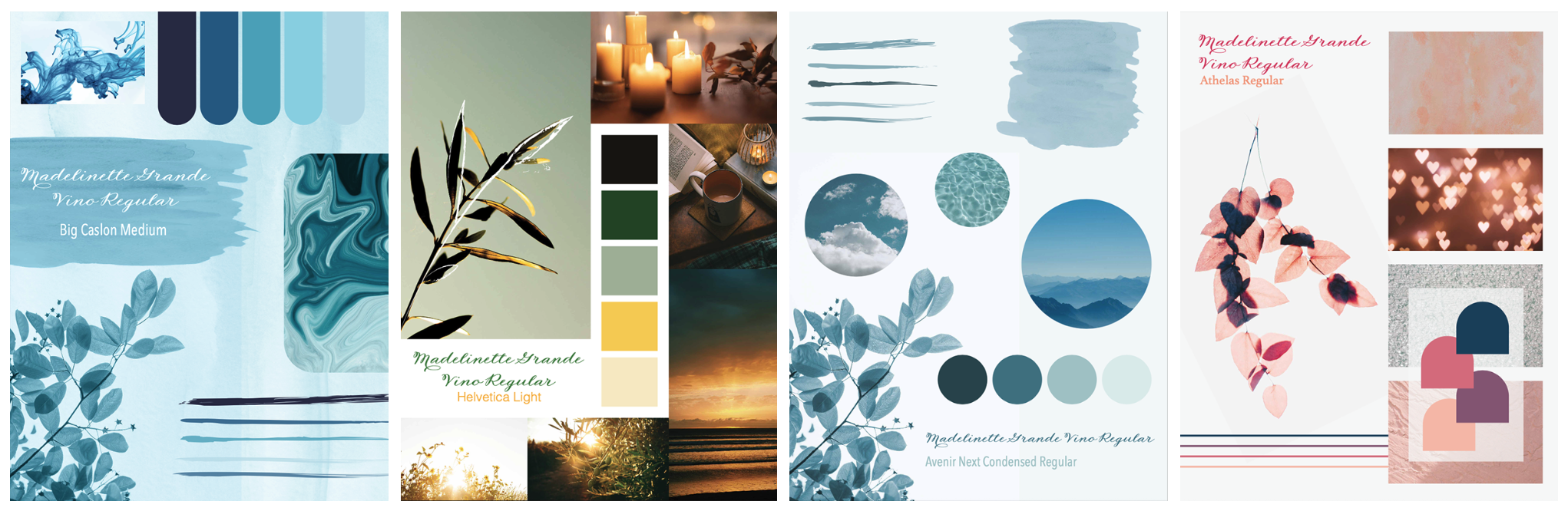 A series of mood boards showing different possible options for color, typography, and design elements