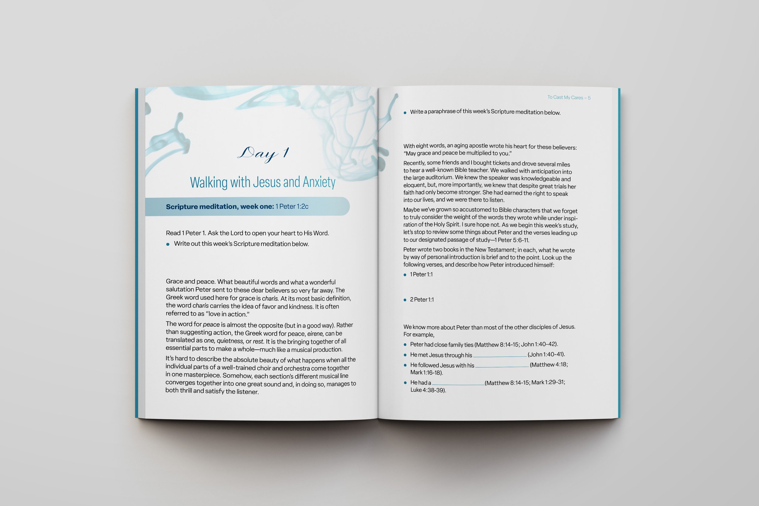 The book open on a flat surface to show some of the layout design