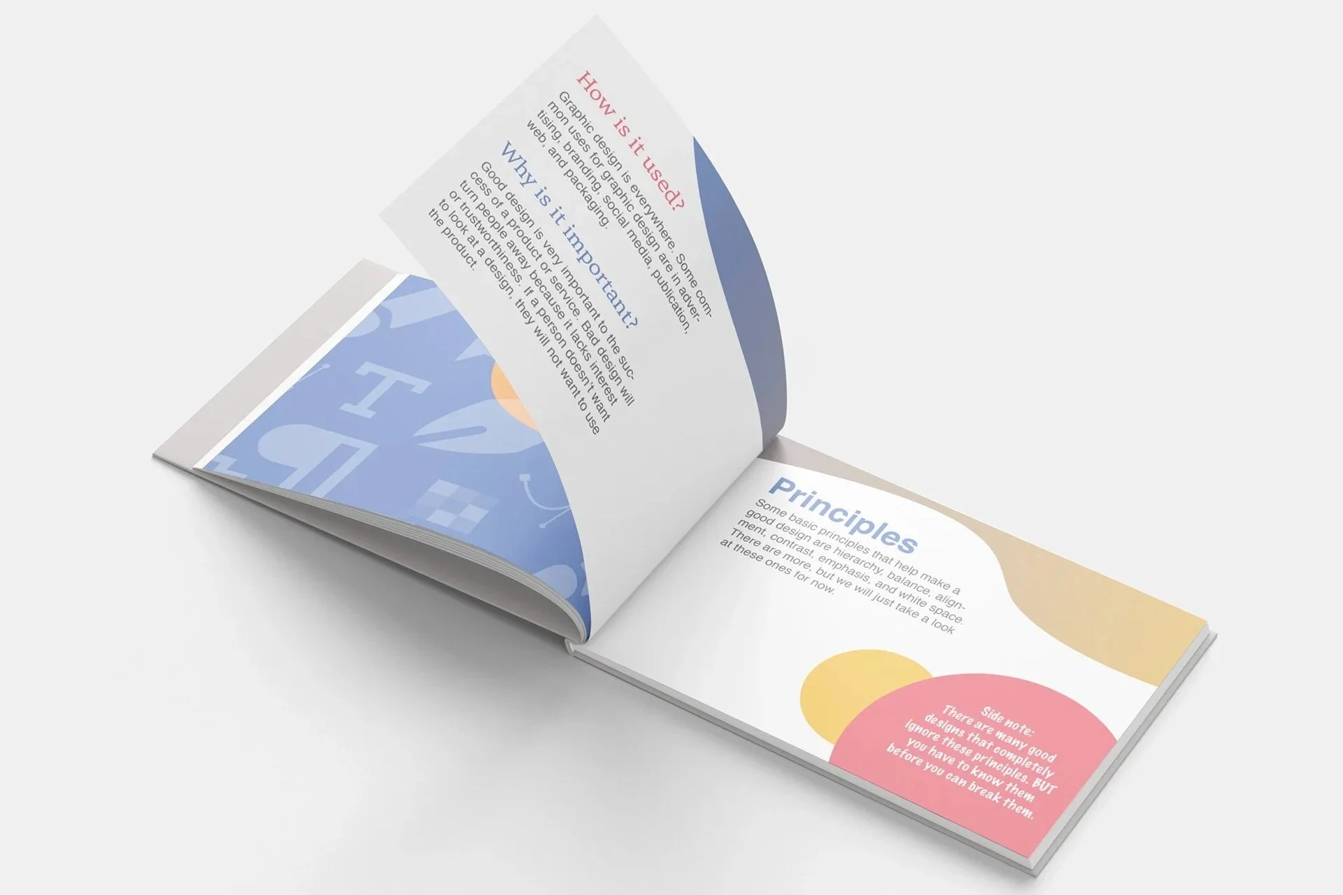 Open booklet displaying pages with text about graphic design principles, principles of design, and colorful circles.