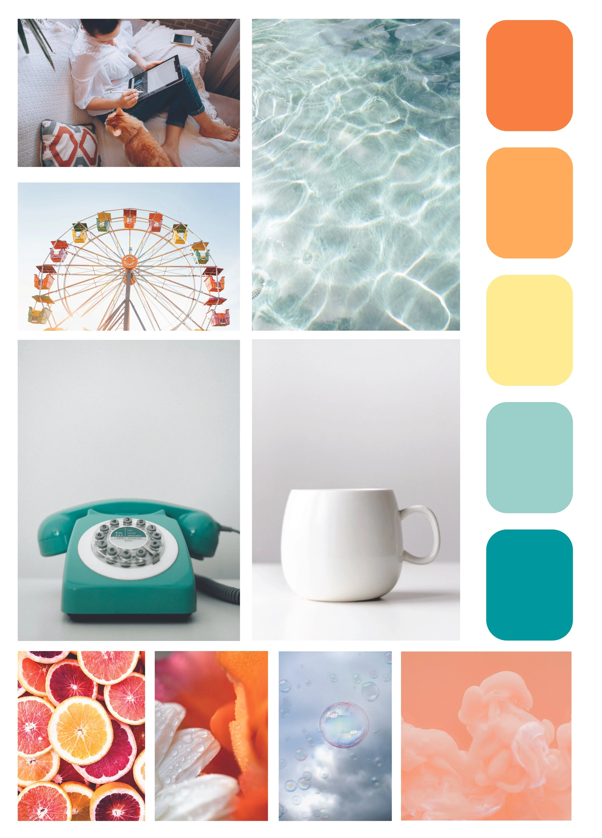 The mood board consisting of teals, oranges, and yellow, and images of objects in those colors