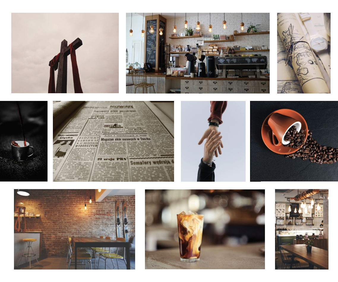 The image references consisting of dark moody images of coffee, cafes, text on old paper, and Christian symbols