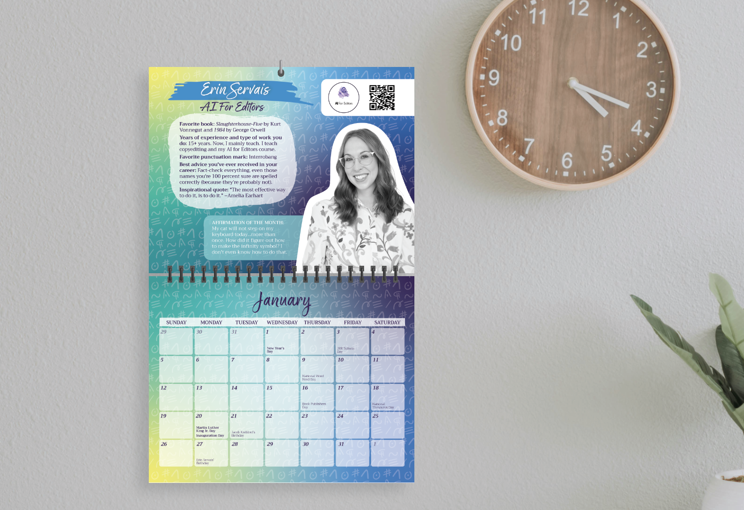 A calendar hanging on the wall with a clock