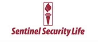 Logo with a torch symbol and the text 'Sentinel Security Life' in red.