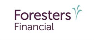 Foresters Financial logo with purple text and a teal curved plant symbol