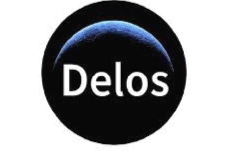 Delos logo with a blue crescent moon above the company name on a black circular background.