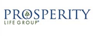 Prosperity Life Group logo with the word 'PROSPERITY' and a small green leaf inside the letter 'O'.