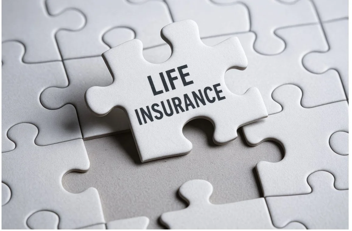 A puzzle piece with the words 'LIFE INSURANCE' on it, placed among other puzzle pieces.