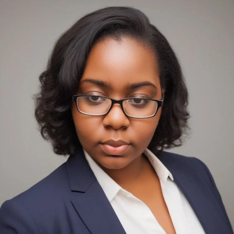 A young woman with glasses, wearing a navy blazer and white shirt, looking down with a serious expression against a neutral background.