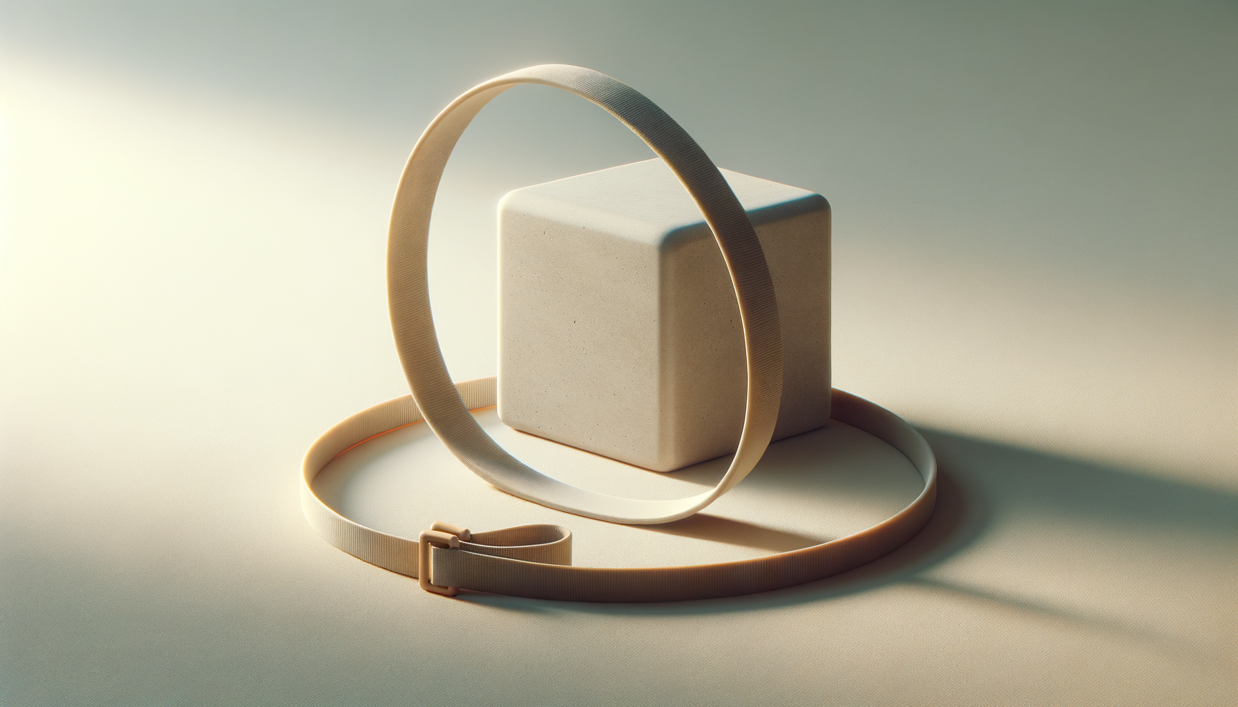 Minimalist beige belt and square block on a light-colored surface with soft lighting.
