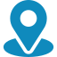 A map pin icon on a blue background.