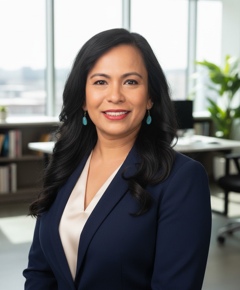 A professional woman with long black hair, wearing a navy blazer and white blouse, smiling in a modern office with large windows and plants in the background.