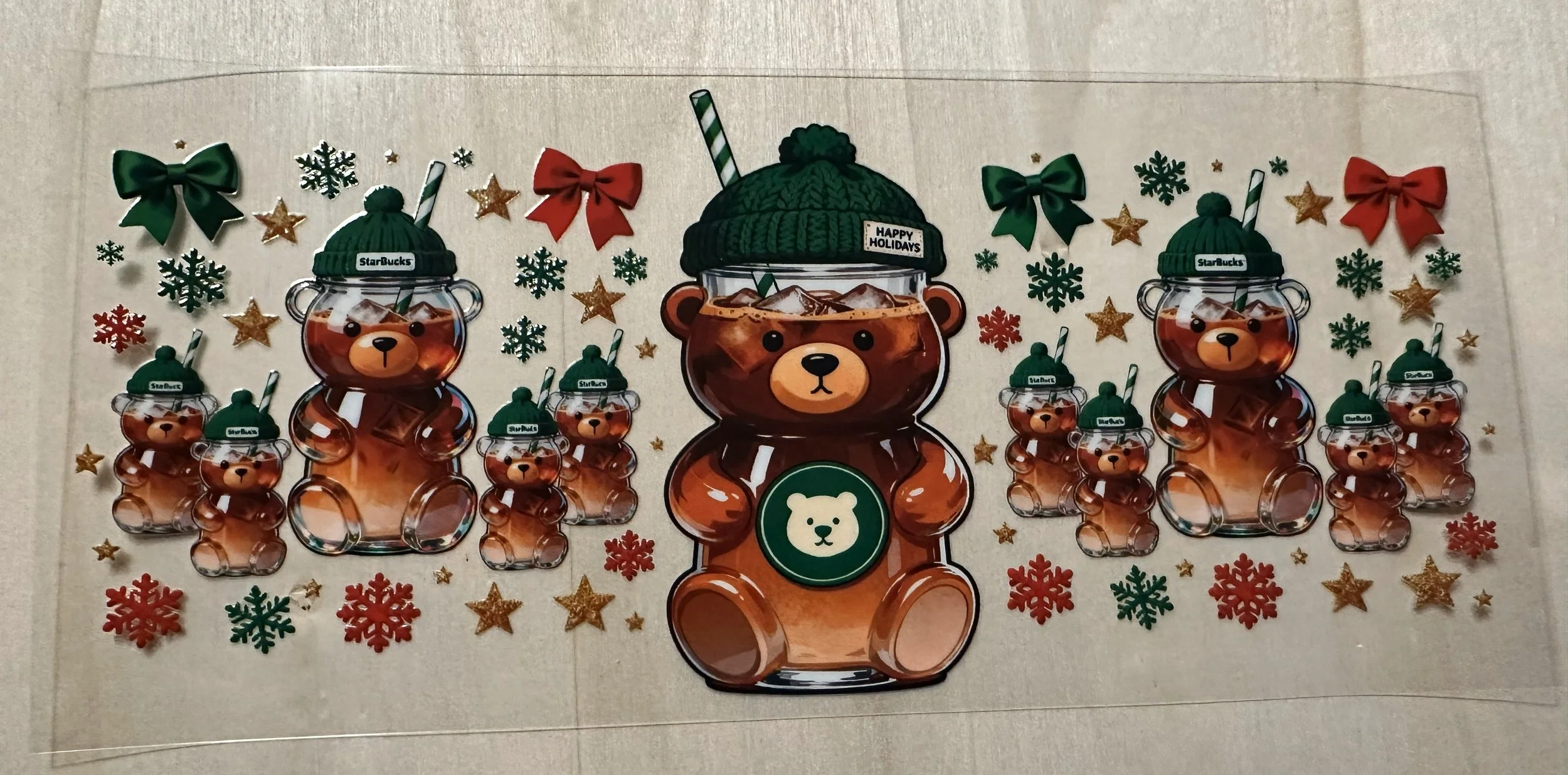 Starbucks-Happy Holidays-Bear on Stomach-Green & Red Bows