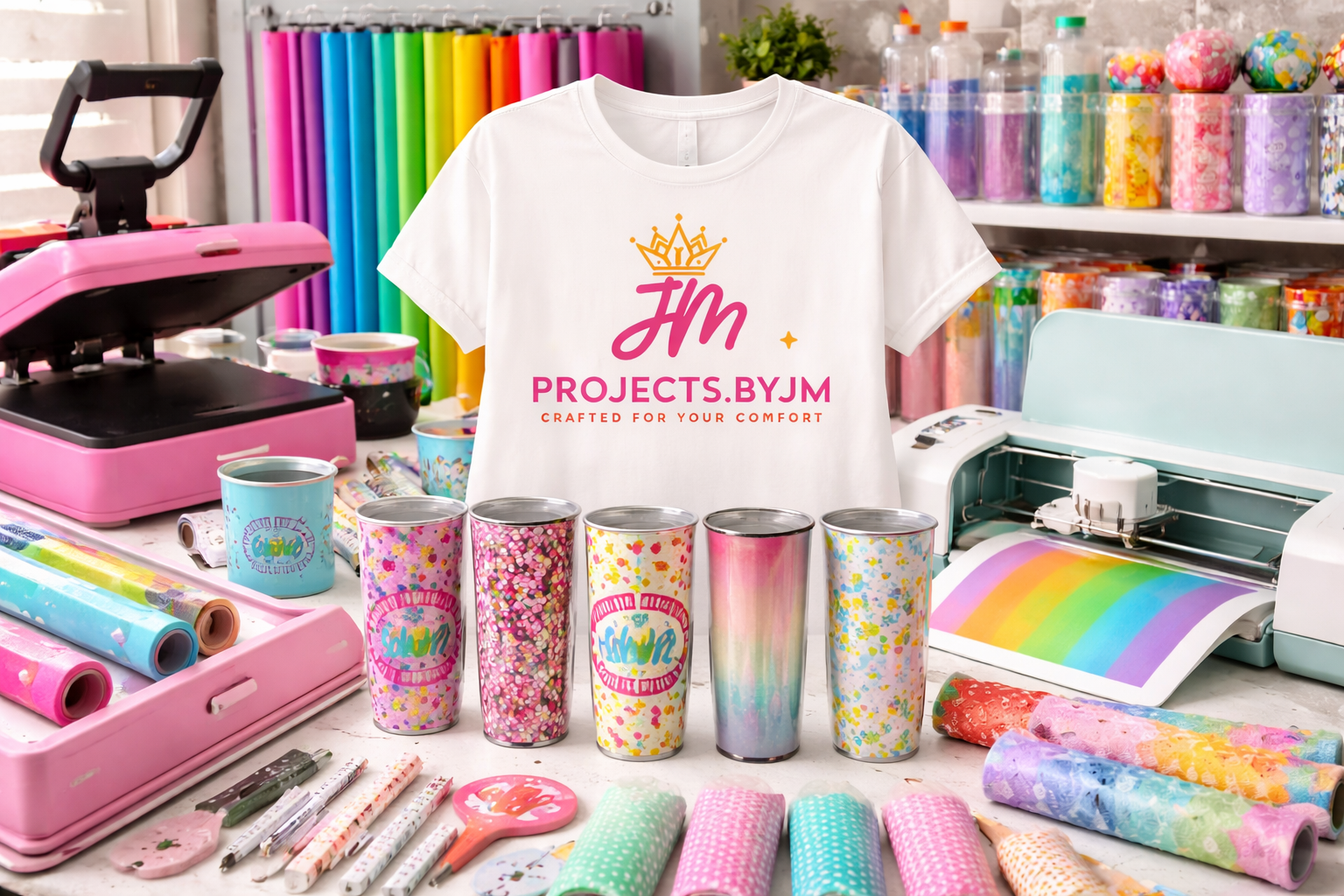 A craft workspace with a white T-shirt hanging in the center, featuring a crown graphic and the text 'Projects.bym' in pink. The workspace includes colorful rolls of vinyl, various cups with confetti and rainbow patterns, a pink heat press machine, a cutting machine with a rainbow design being printed, and bottles of glitter or paint on shelves in the background.