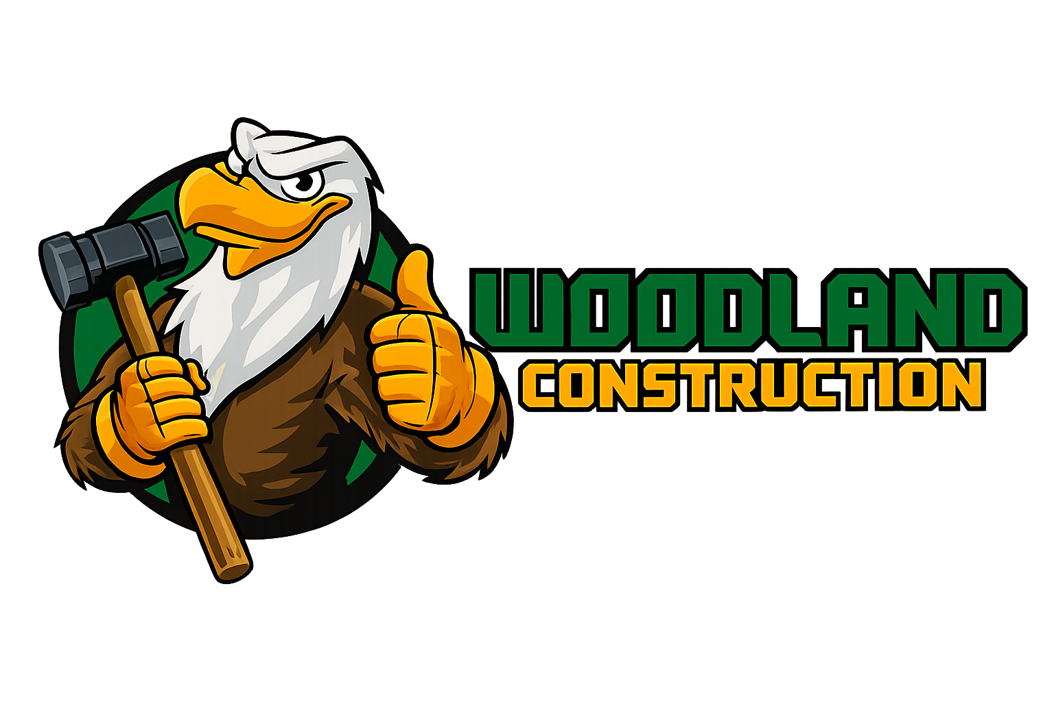 A cartoon eagle with a white head, yellow beak, and yellow hands giving a thumbs up, holding a hammer, with the text 'Woodland Construction' beside it.