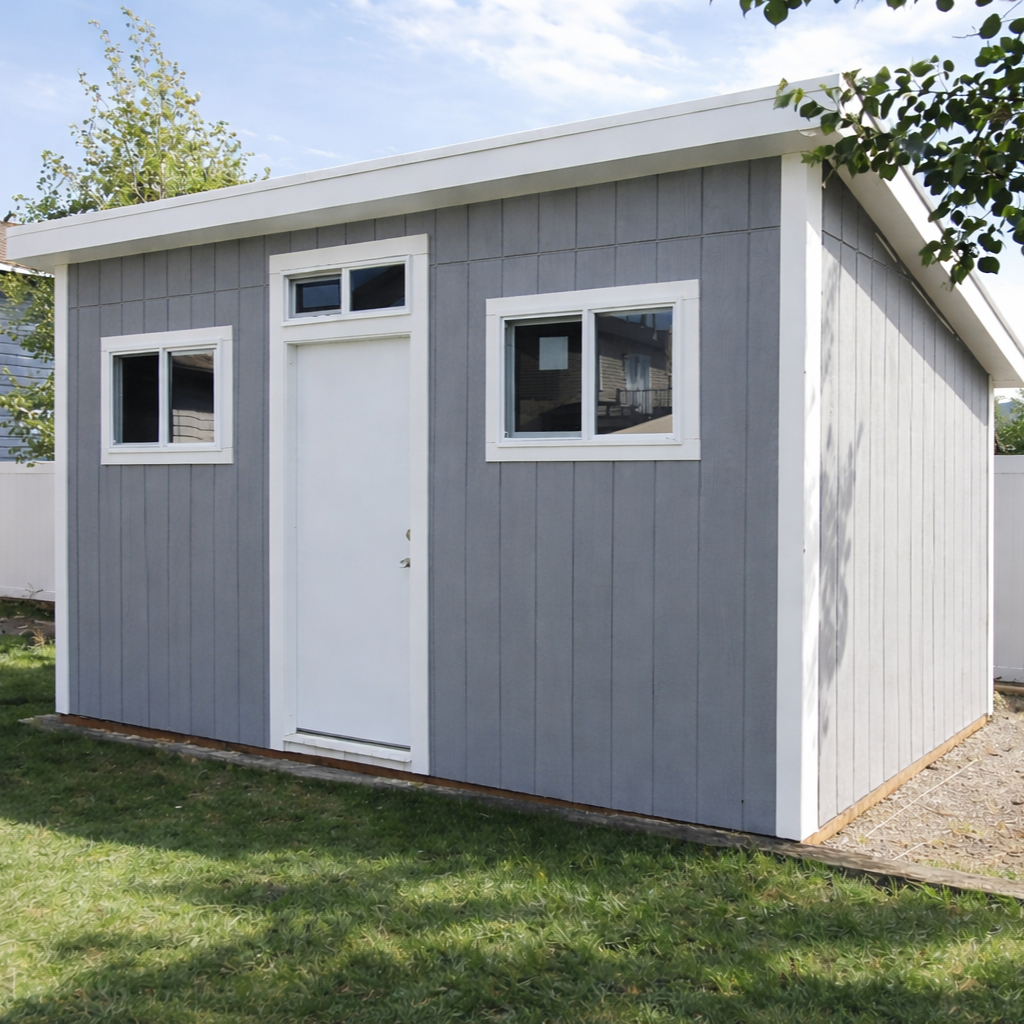 Gray modular shed with white trim, two small windows, and a white door, set on a grassy yard under a blue sky with trees in the background.