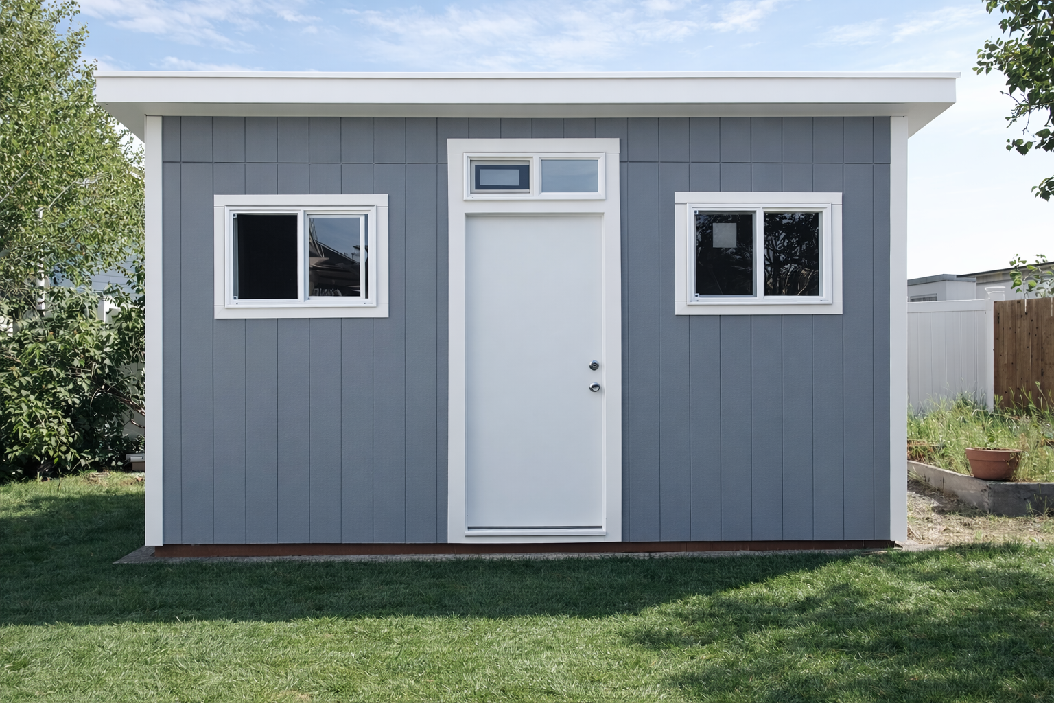 A small modern gray shed with white trim, two windows, and a white door, situated on a grassy lawn with trees and a fence in the background.