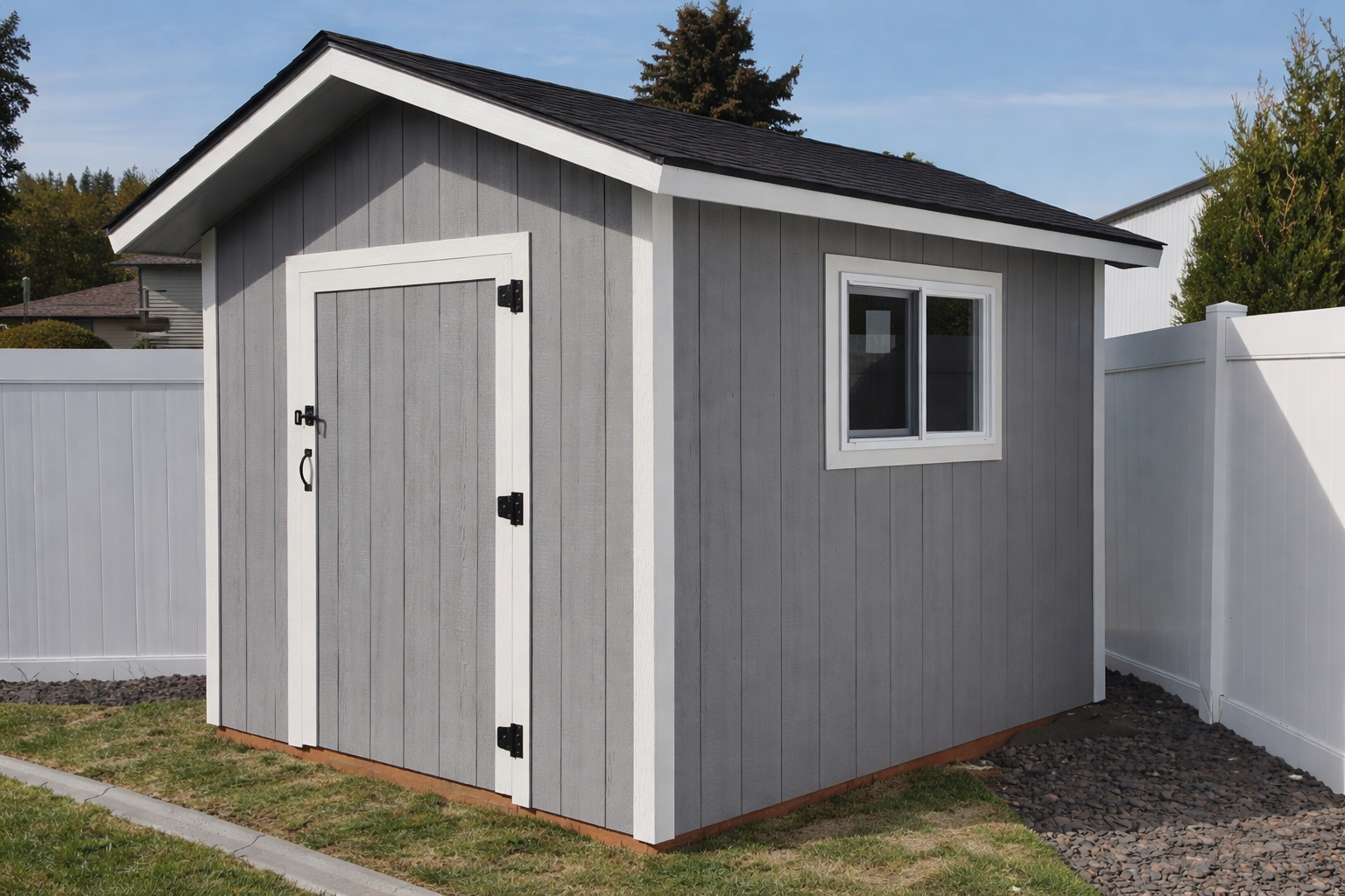 Gray outdoor shed with a black shingle roof, white trim, a small window, and a white door with black hinges and latch, situated in a backyard with grass and a white fence.