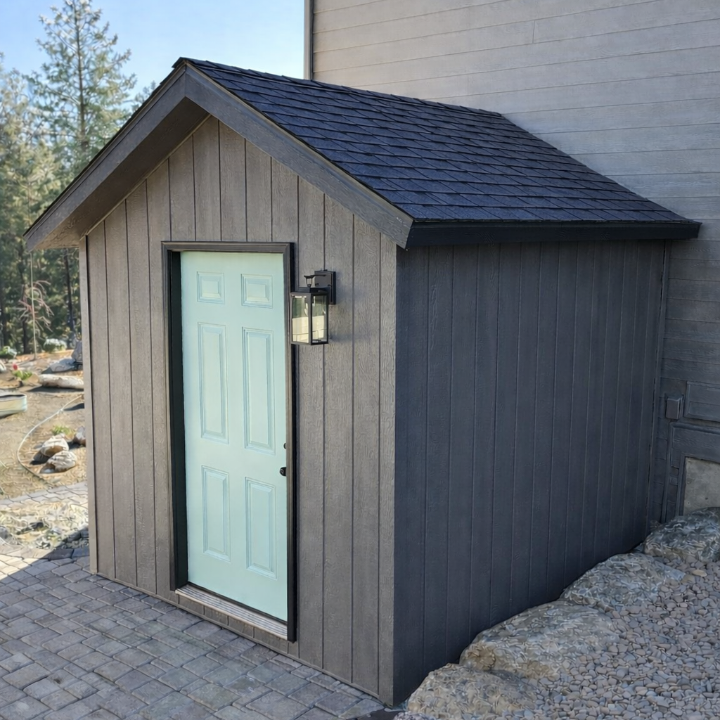 Small gray shed with a gabled roof and a light green door, mounted with a black outdoor lantern, situated on a paved area with gravel surroundings
