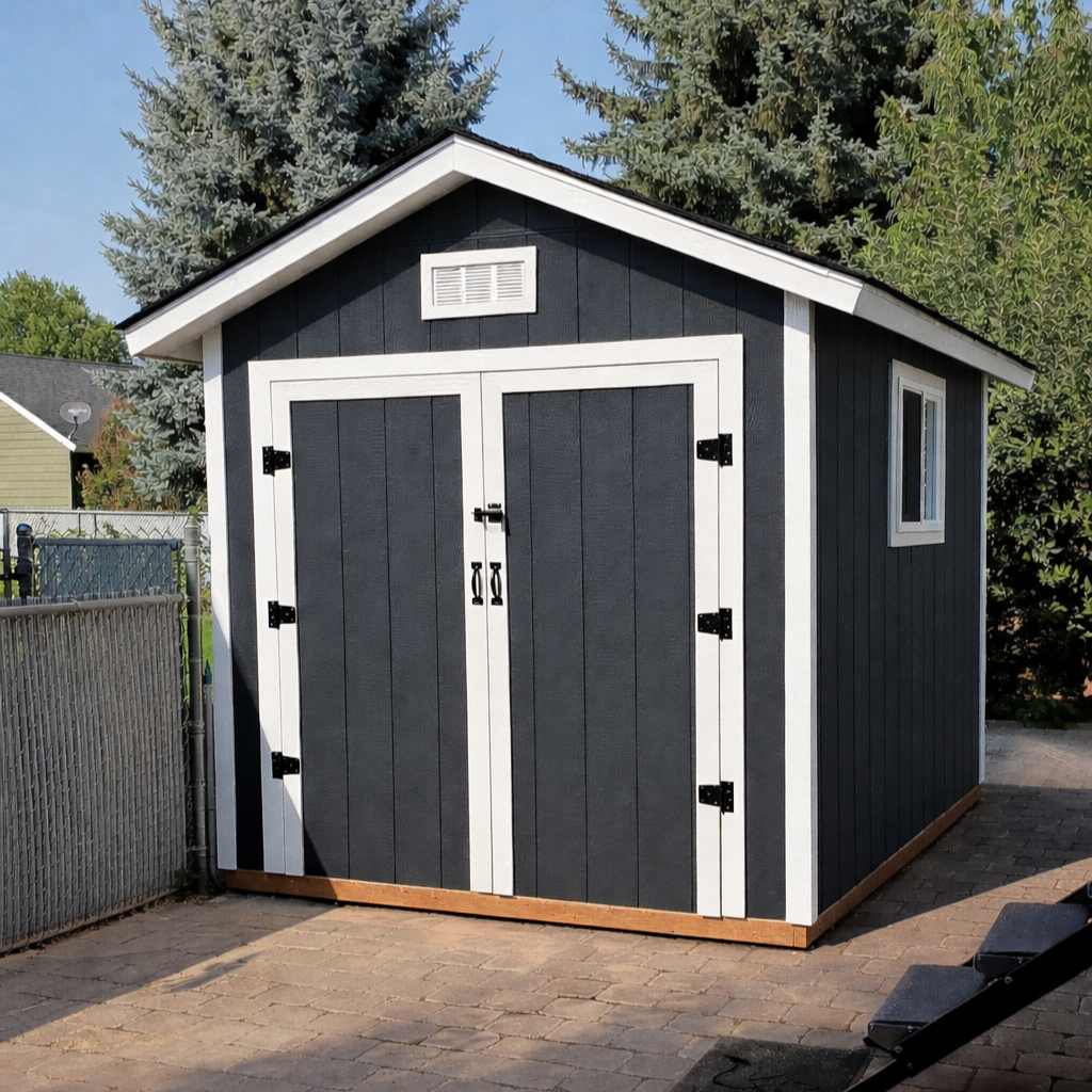A small shed painted dark gray with white trim, located on a brick-paved area, surrounded by trees and neighboring houses.