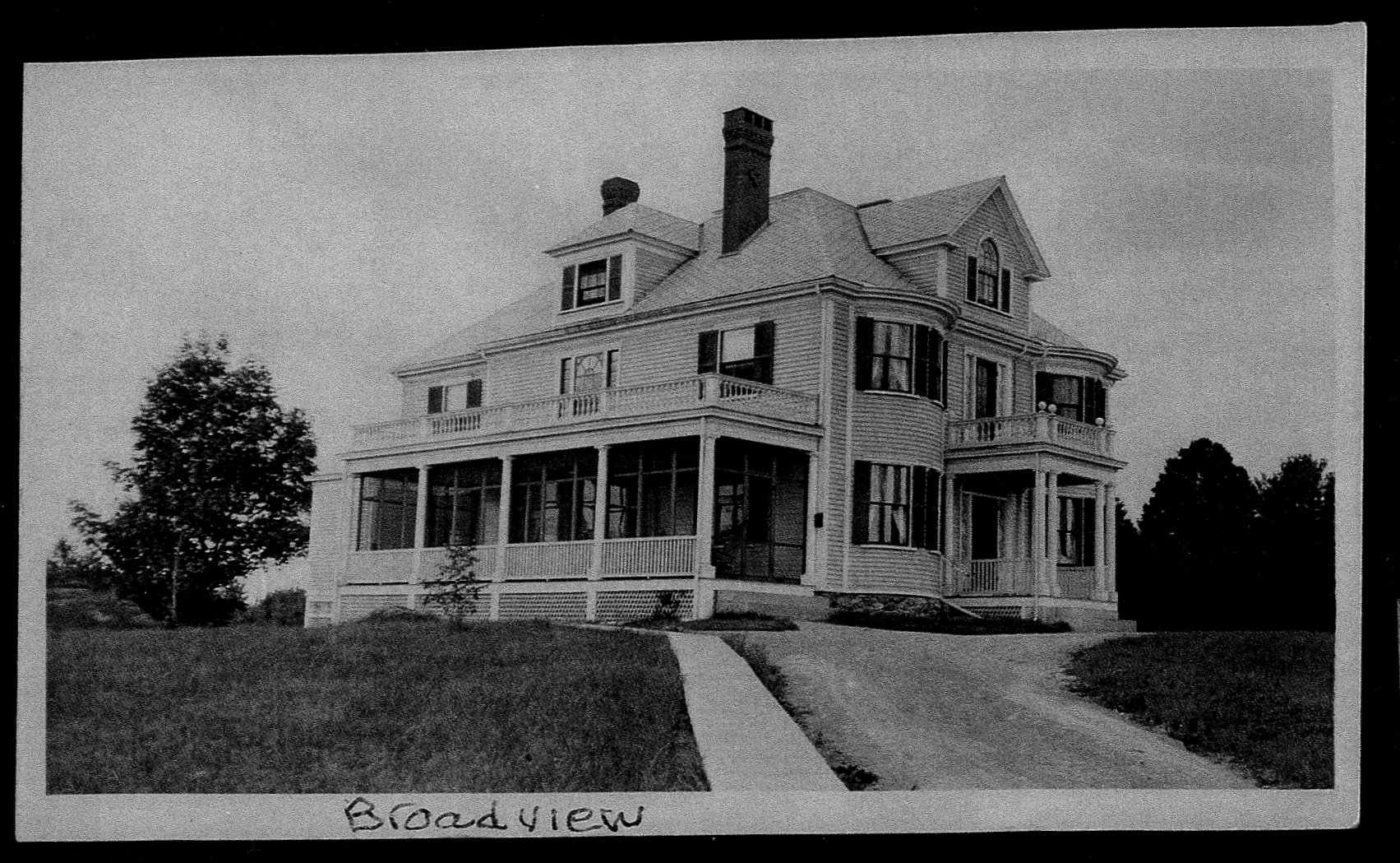 Black and white photo of Wolf & Harp a large, Victorian-style house labeled 'Broadview' at the bottom.