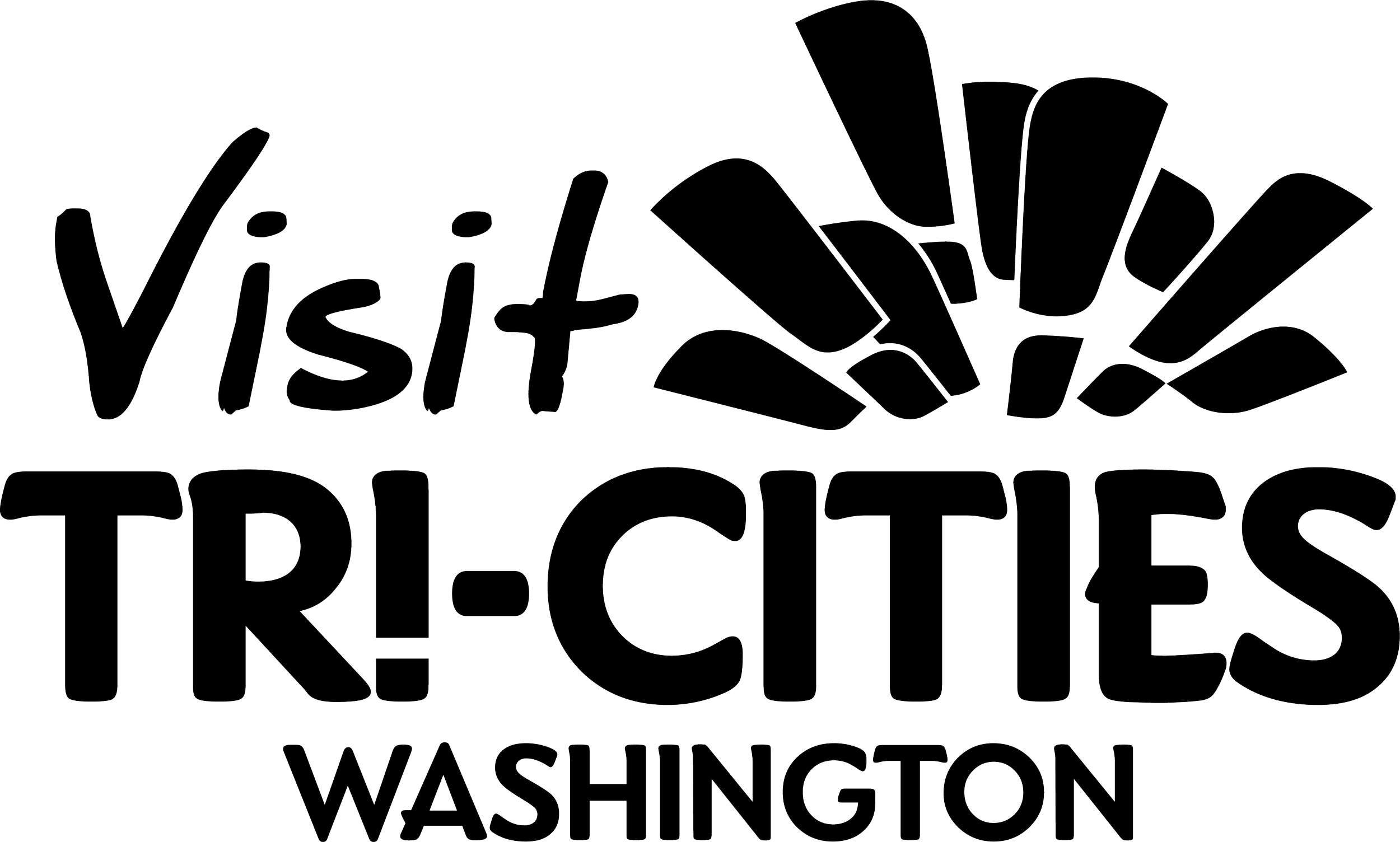 Outline of the Visit Seattle logo with stylized fan design, and the words "Visit TR!CITIES Washington".