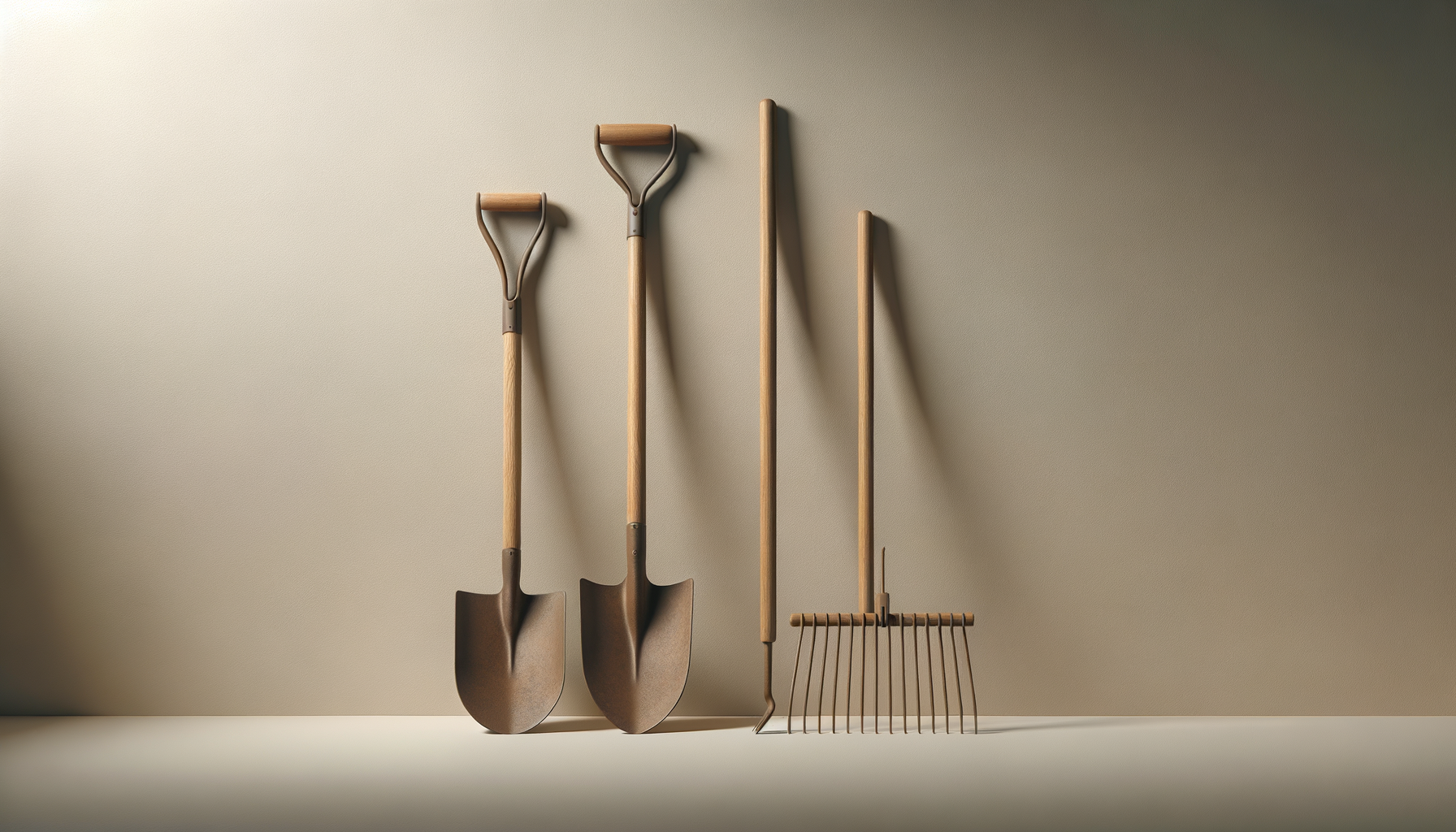 Four gardening tools leaning against a plain beige wall—two shovels, a rake, and a garden fork.