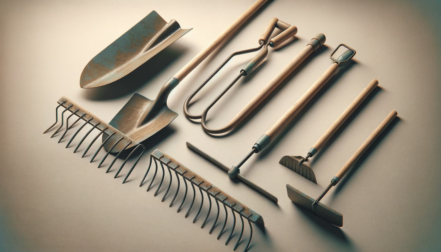 Set of gardening tools including a trowel, pruning rake, hoe, weeder, cultivator, and other hand tools with wooden handles arranged on a neutral surface.