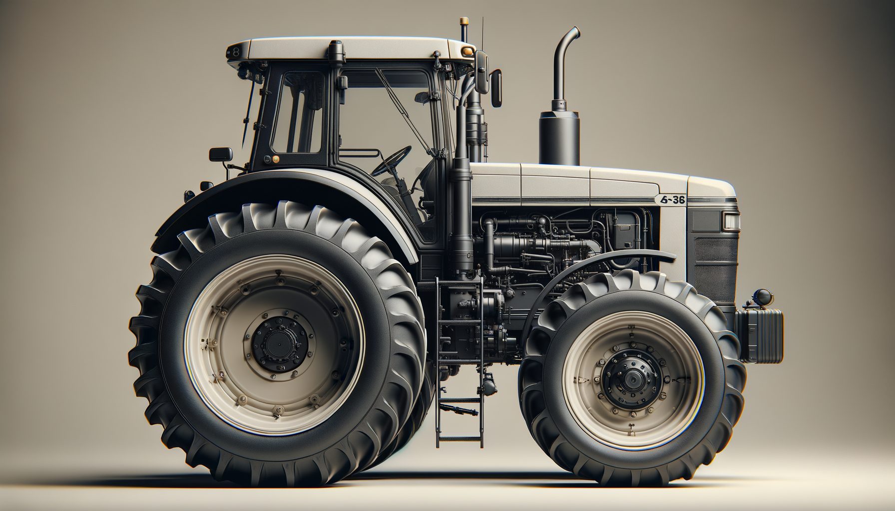 Side view of a large modern gray and black tractor with detailed wheels, cabin, and exhaust pipe against a plain background.
