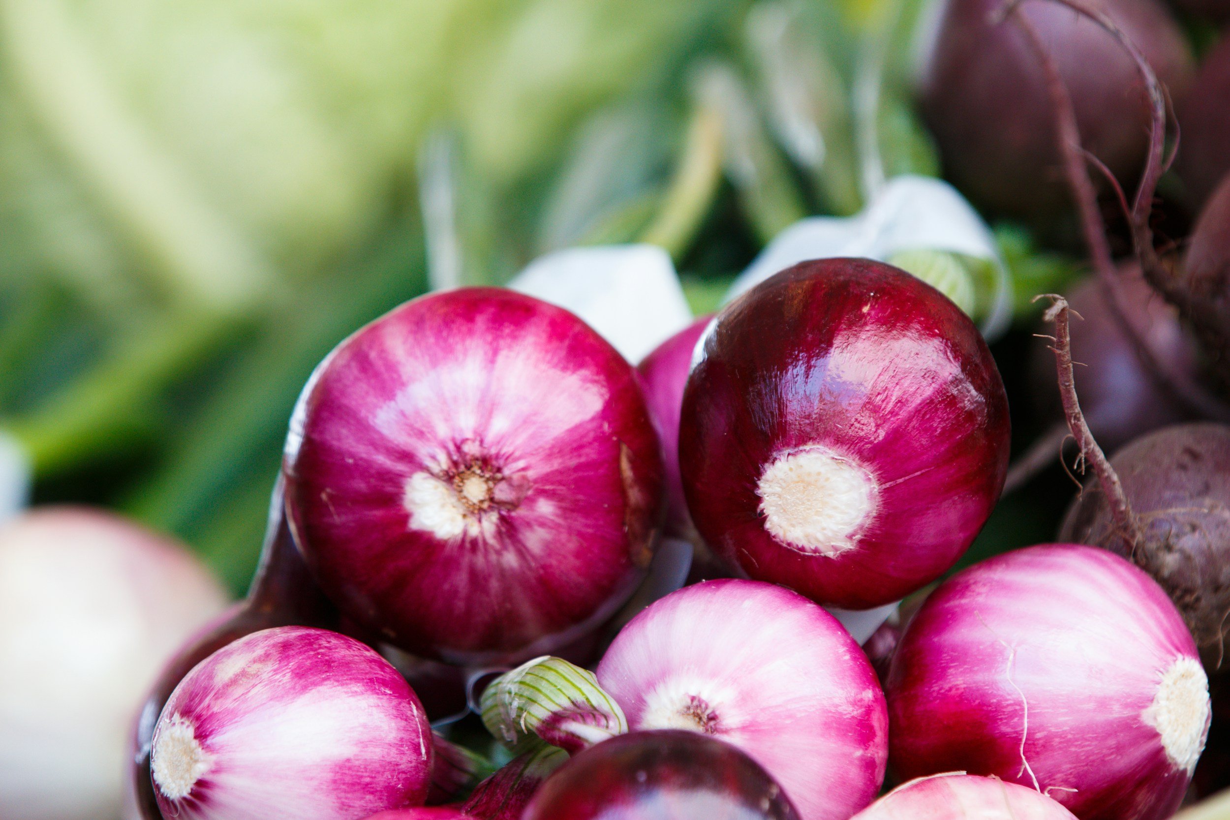 Close-up of fresh red onions with purple skins.