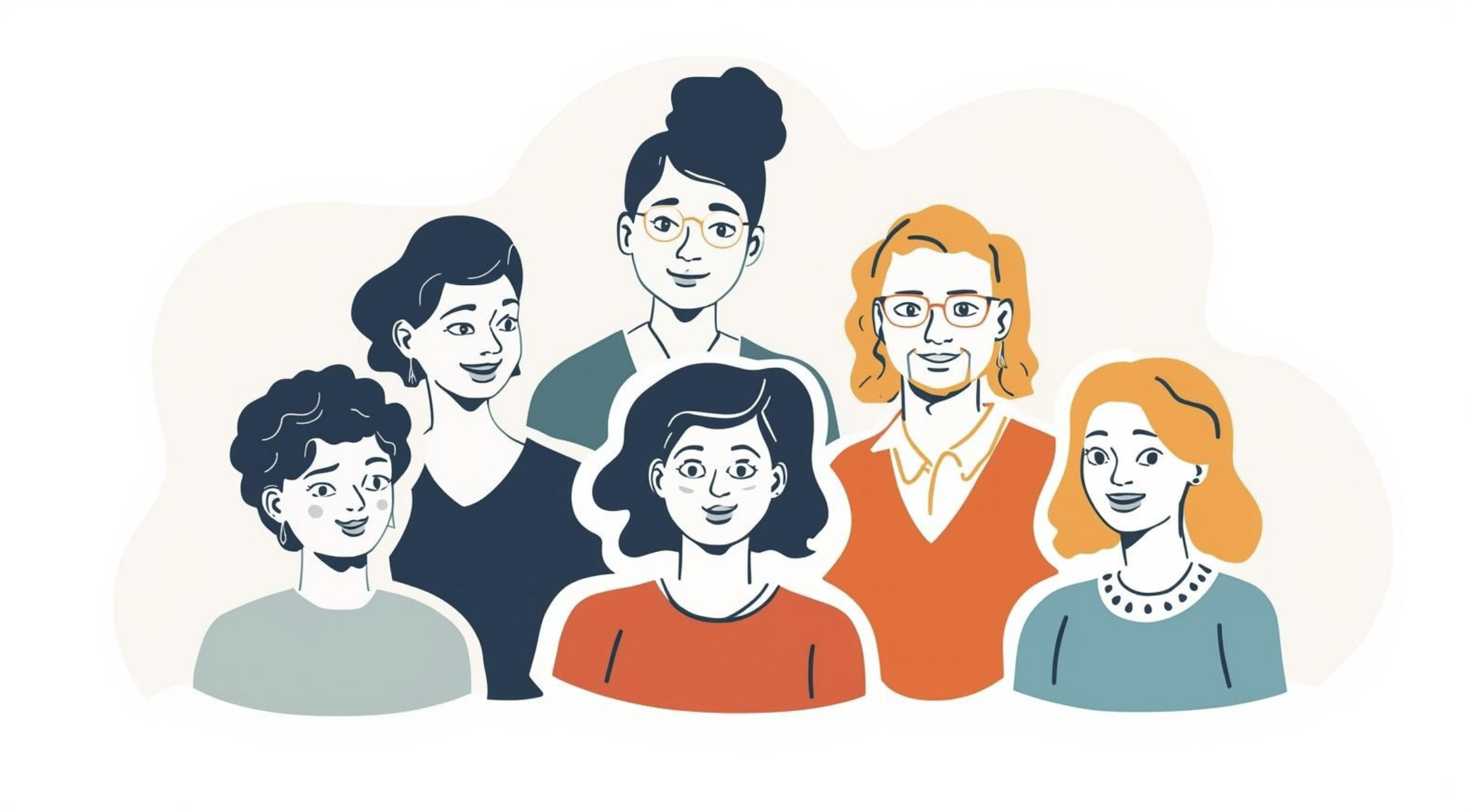 Illustration of seven diverse people smiling, with varied hairstyles and glasses, standing together against a light background.