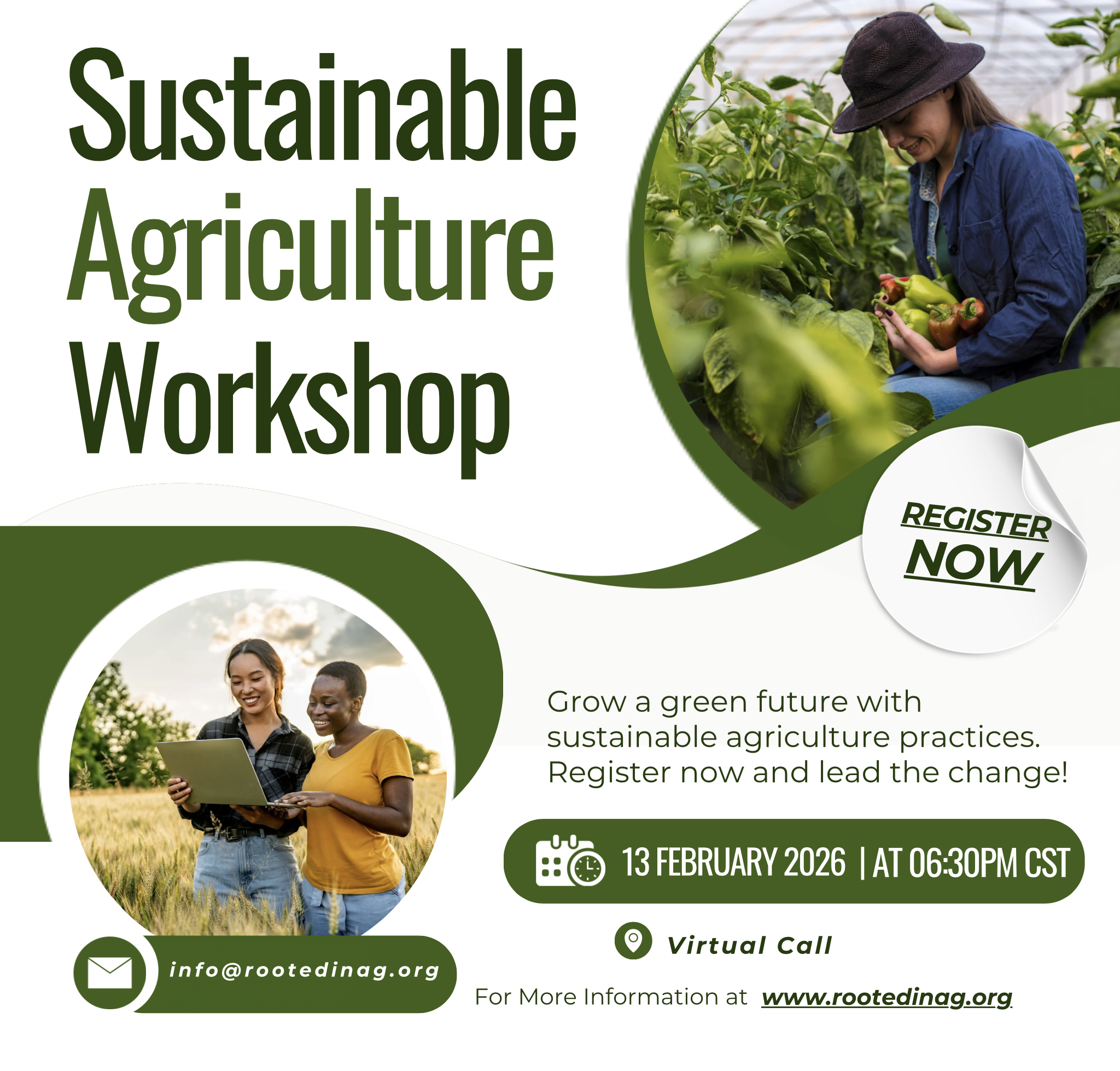 A promotional flyer for a Sustainable Agriculture Workshop featuring images of a woman harvesting peppers inside a greenhouse and two women discussing in a field, with event details including date, time, and registration information.