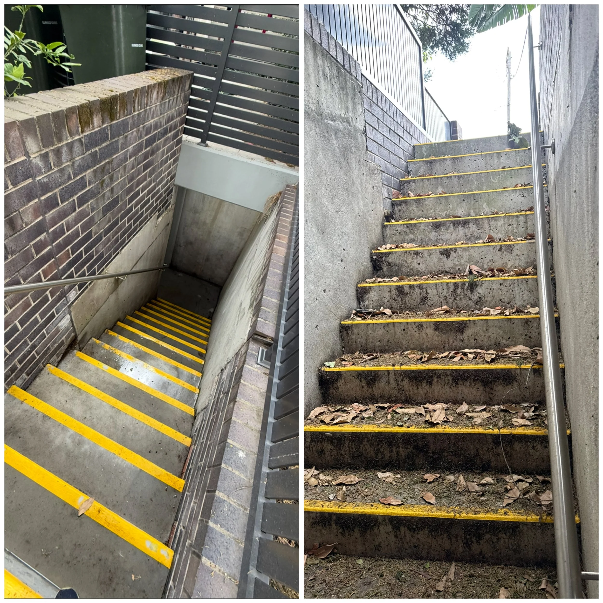 Comparison of two outdoor stairways: the left shows a clean, well-maintained concrete staircase with bright yellow safety lines and a metal handrail, leading down between brick and concrete walls; the right shows a dirty, neglected concrete staircase covered in fallen leaves, with yellow safety lines that are faded or chipped, and a metal handrail on the right side.
