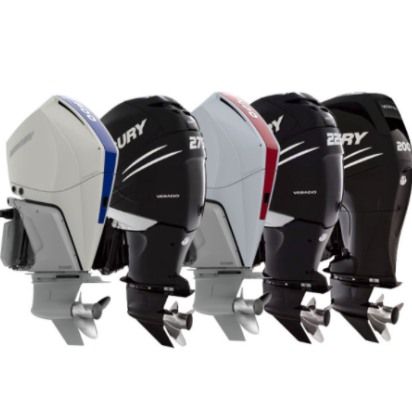 Four Mercury outboard motors in a row, varying in color from white to black with red and blue accents