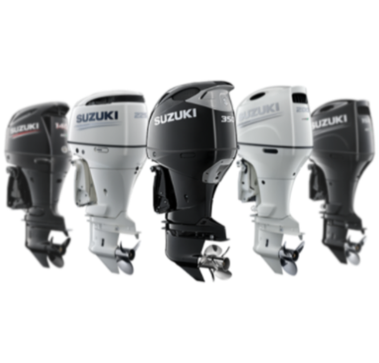 Five Suzuki outboard motors in black and white color variations.