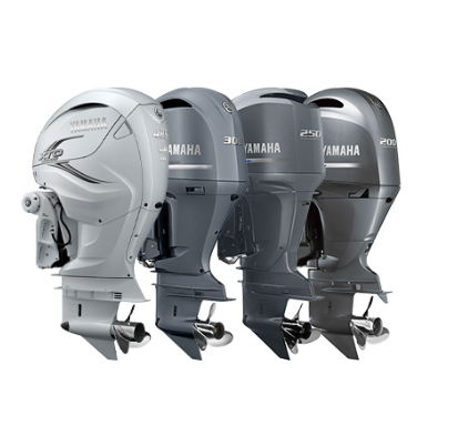 Four Yamaha outboard boat motors in different shades of gray arranged side by side.